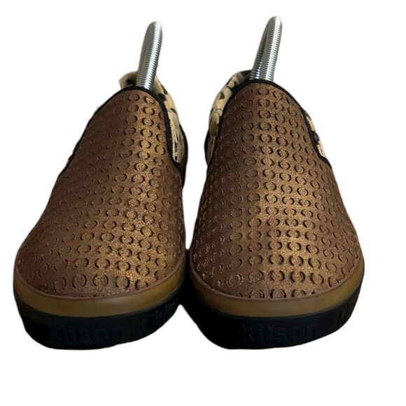 Kitson Los Angeles Bronze Leather and Animal Print Canvas Slip On Loafers Women' - Picture 7 of 8